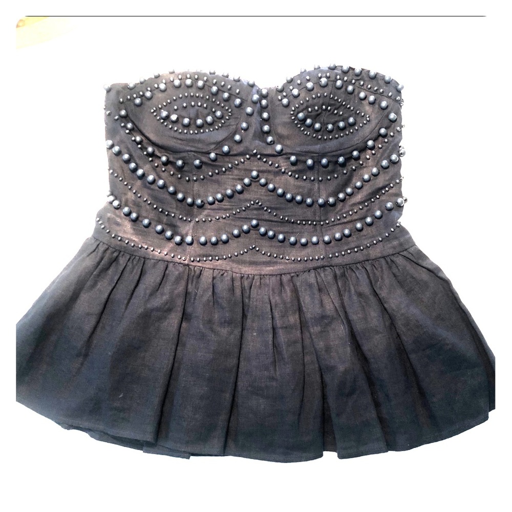 Navy Beaded linen strapless peplum top